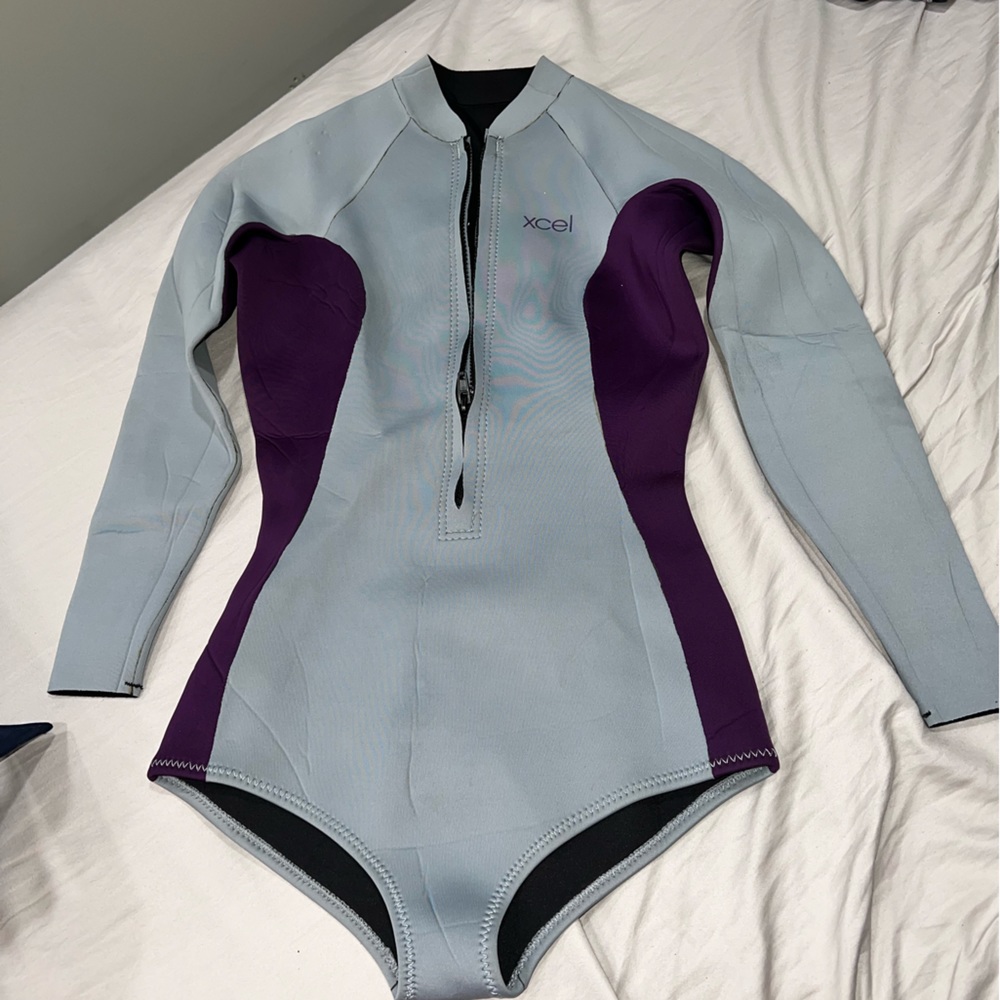 Purple and gray XCEL wetsuit
